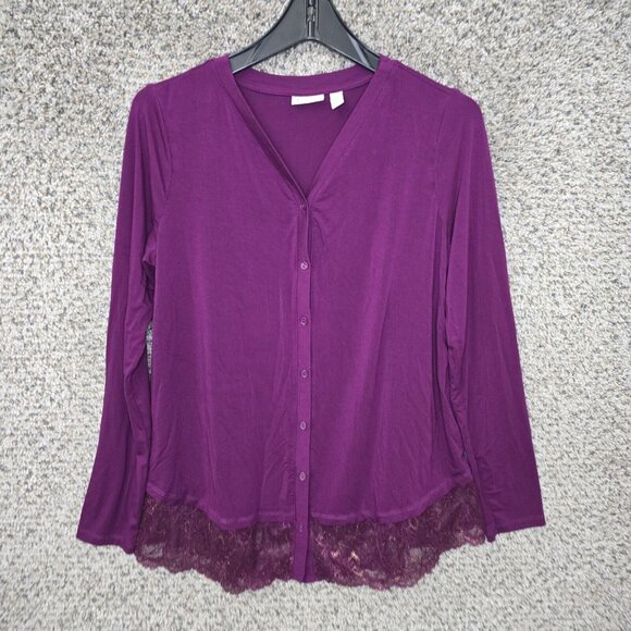 Logo Lori Goldstein Sweaters - LOGO Lori Goldstein Cardigan Womens XS Purple Button Up Lace Trim Stretch Ladies